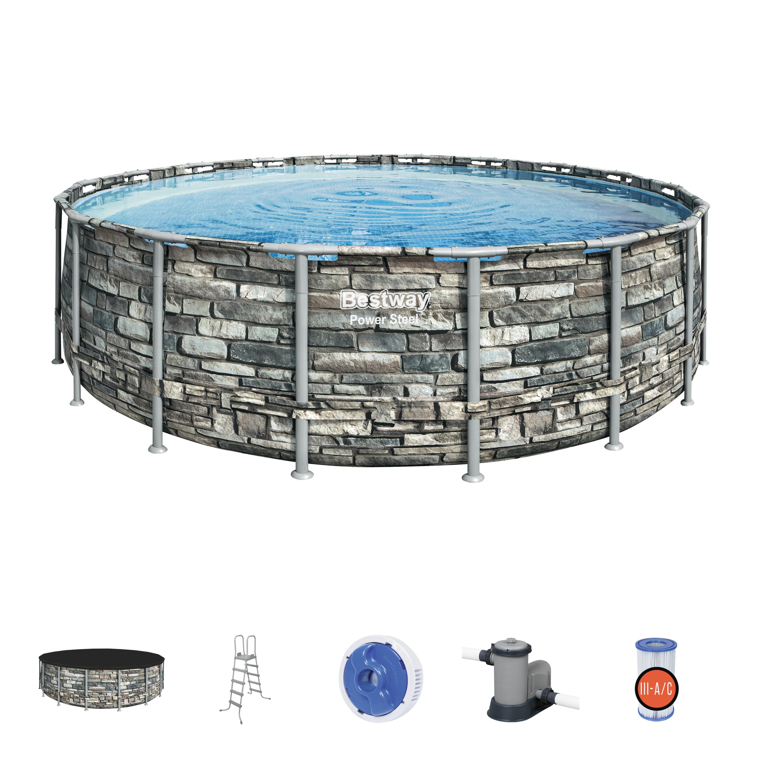 Каркасный бассейн Power Steel 549x132см "Камень" 26000л, фил.-нас. 5678л/ч, лестн., тент, попл.-доз.